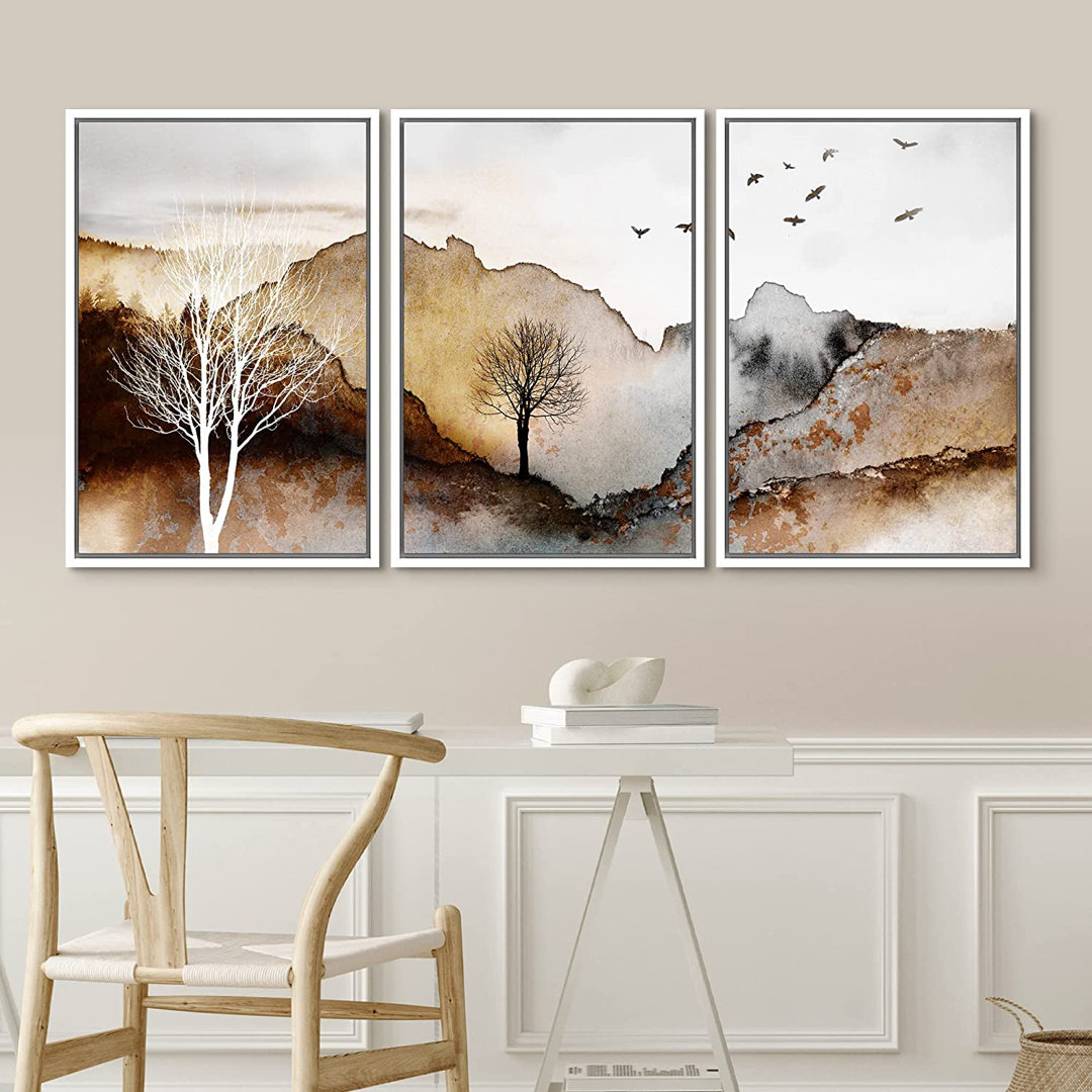 Mountain Forest Abstract Nature Landscape Pictures Decor Framed On Canvas 3 Pieces Print Wall Art IDEA4WALL Frame 
