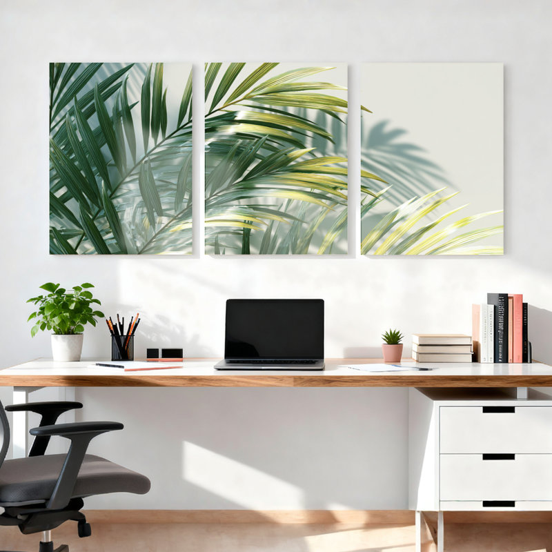 Ensemble de 3 tableaux sur toile tendue représentant des feuilles de palmier tropicales et reflétant la nature