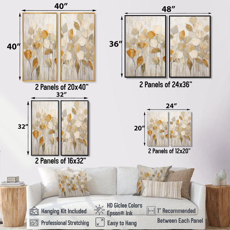 «Beige Botanical Impressions II», art mural abstrait botanique 2 pièces, H 32 po x l 32 po, Toile tendue, Does Not Apply