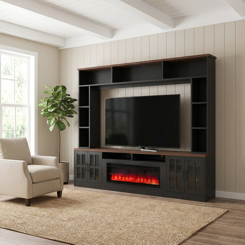 Meuble télé moderne de 243 cm de large avec foyer électrique et étagères de salon, Noir