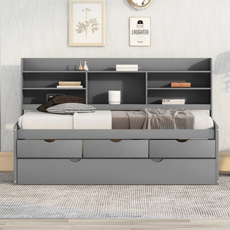 Grey Twin-Size Wooden Captain Bed With Internal Bookshelves, 3 Drawer Storage & Trundle Twin In Gray Built-In Bookcases, Drawers And Included