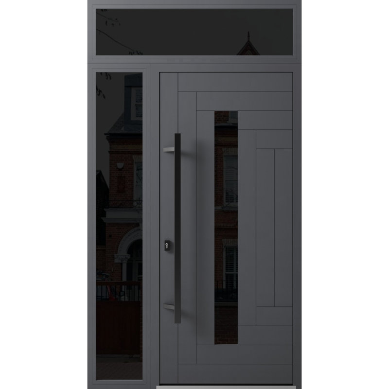 Façade avant en acier pré-suspendue / gris Ronex 0130 / fenêtre extérieure latérale et supérieure en métal / entrée en métal peinte de style moderne l 36 po x H 12 po x H 80 po + à droite vers l'intérieur