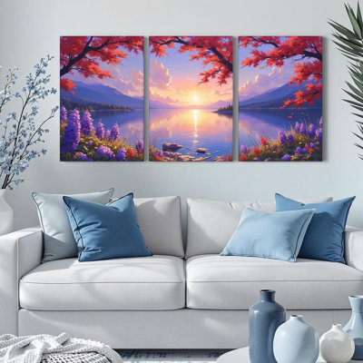Autumn Lake Sunset with Purple Flowers and Red Trees Canvas Wrapped Wall Art, Oil Painting Print (Set of 3)