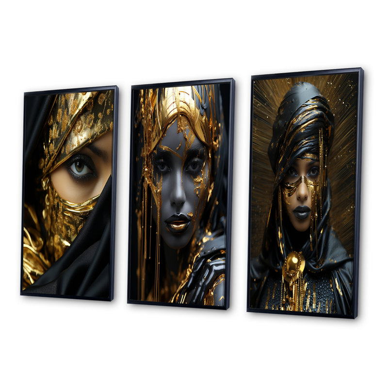 «Gorgeous Boho Chic Woman Vintage Gold Glam» - 3 pièces, Cadre flottant noir, H 40 po x l 60 po