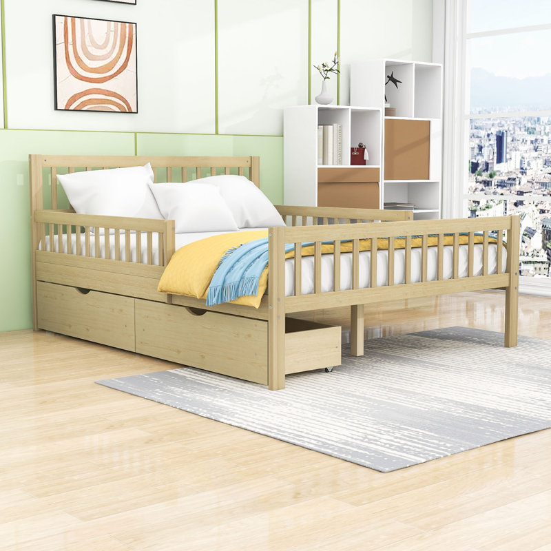 Lit plateforme en bois avec garde-corps et tiroirs de rangement, Lit double