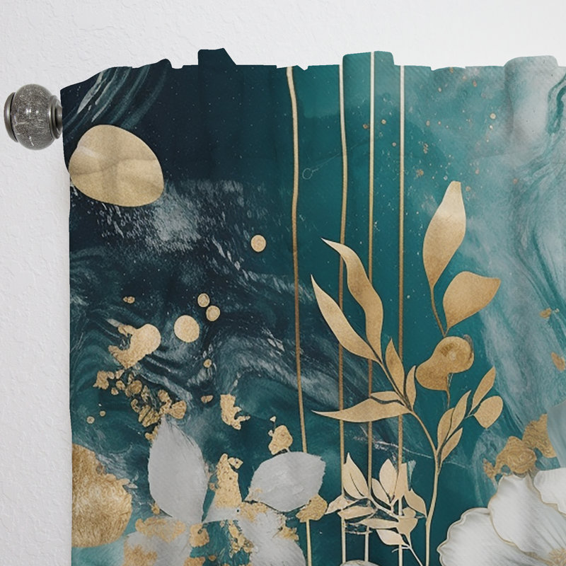 Golden Blue Marble Flowers I - Floral Curtain - Velvet Room Darkening - 1 panel, 52" W x 84" L