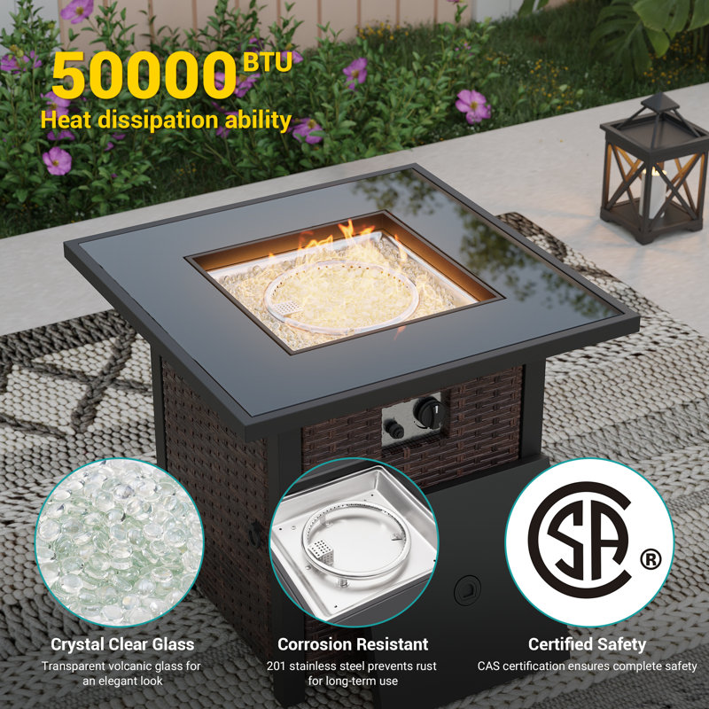 8 Piece Patio Sofa with Square Fire Pit Table and Ottomans, Sand, Brown