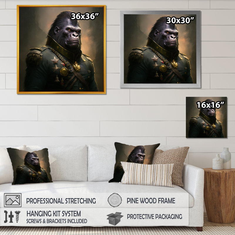 Portrait d'un gorille en uniforme militaire - reproduction sur toile flottante, L 30 po x H 30 po, Or