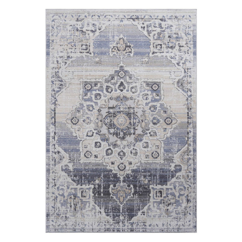 Cream/Blue/Inlaid Non Linting Stain Resistant Area Rugs, Rectangle 5'3" x 7'6"