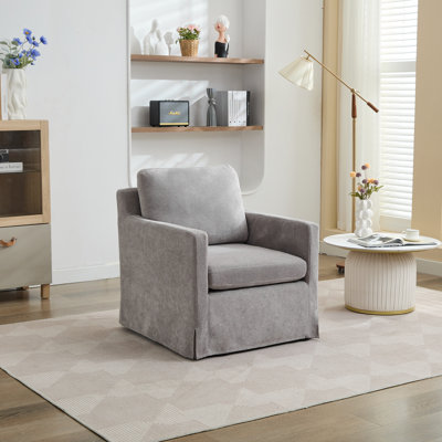 Fauteuil d'appoint pivotant de 29,92 po, fauteuil pivotant à jupe rembourrée avec coussin de dossier amovible, fauteuil confortable à 360 degrés pour salon, chambre de bébé, salon, bureau, chenille grise