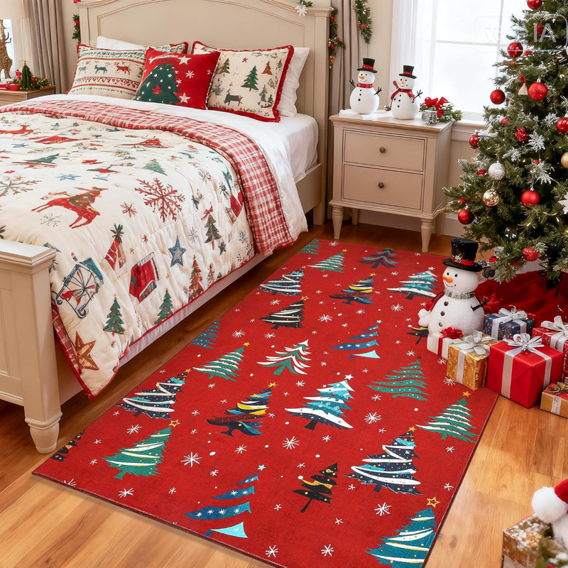 Runner Rug, Christmas Rugs with Xmas Tree Pattern for Holiday Decor, Non Slip Low Pile Washable Rug for Kitchen, Entryway, Living Room, Bedroom, Red