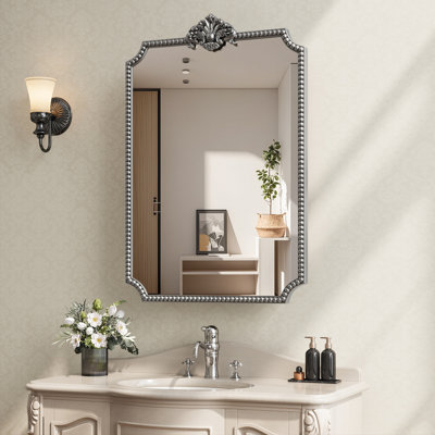 24" x 35" Vintage Rectangle Medicine Cabinet with Mirror, Bathroom Storage Wall Mounted Cabinet with Recessed/Surface Mount Options, Retro Baroque Design, Silver Beaded Border, Easy Installation