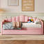 Lit de jour simple rose rembourré en velours doux, avec couchette escamotable, et charge de type C, et poches latérales pour les livres