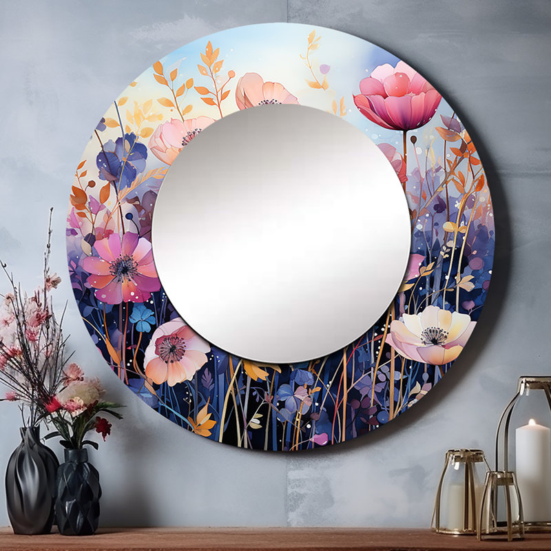 Purple Dreamy Florals VII - Botanicals Large Wall Mirror, Modern Round Decorative Mirror, Printed Metal Art, 23" x 23"