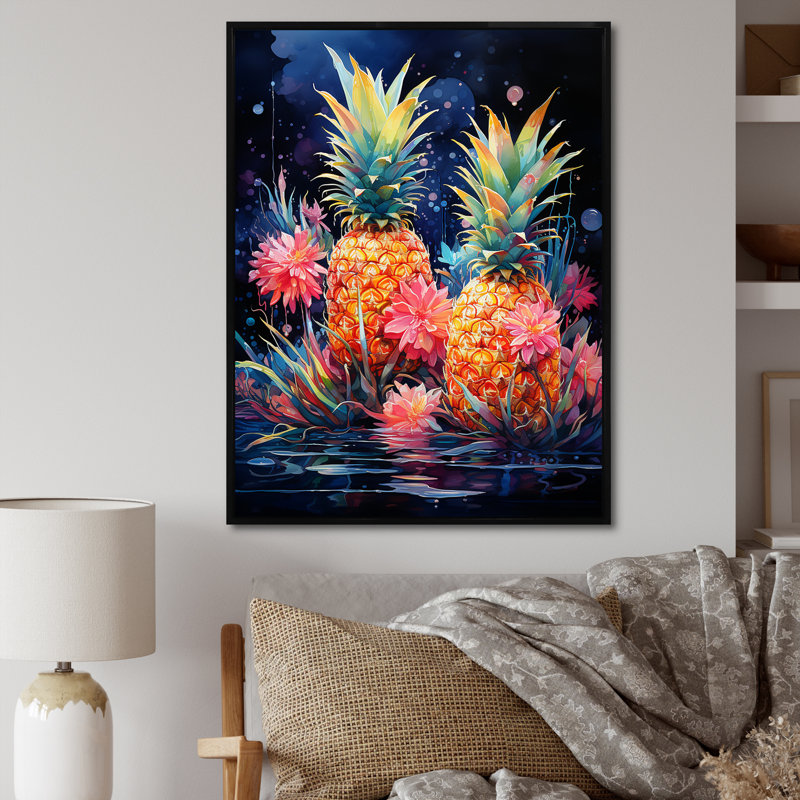 Vert et jaune, ananas cosmique IV - ananas, art mural, Cadre flottant noir, 44" H x 34" W
