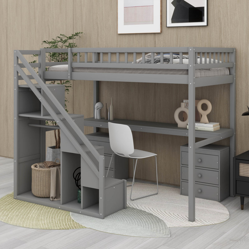 Structure de lit mezzanine avec escalier de rangement avec main courante, commode avec tiroir, DEL, garde-robe ouverte, gris
