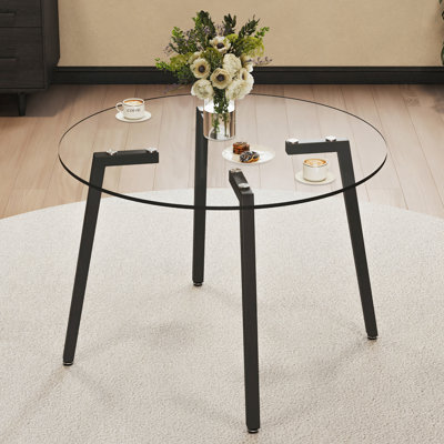 Table ronde moderne en verre trempé transparent de style simple, pieds en métal trempé, convenant à la cuisine, la salle à manger et le salon, 42 po x 42 po x 29,5 po