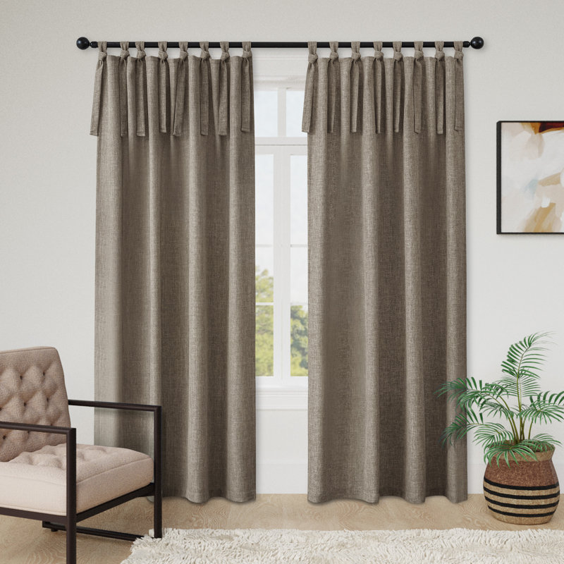 Linen Texture Tie Top Light Filtering Curtain Pair(2 Panels), 52" W x 96" L, Dark Blue
