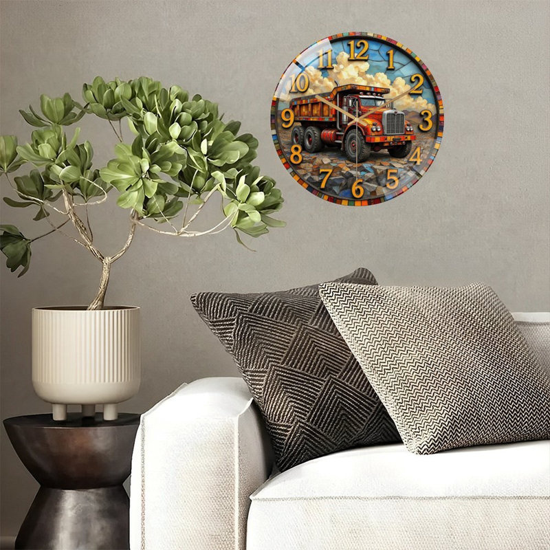 Vintage Truck Wall Clock with Colorful Design And Numbers Art - 12'' Modern Glass Wall Clock