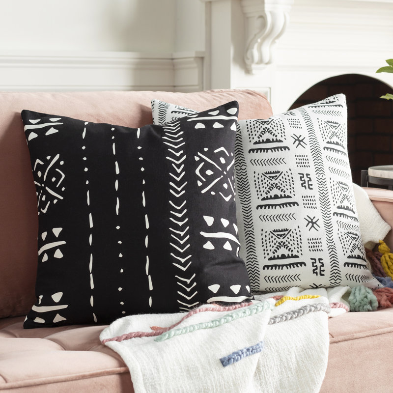 Mud Cloth Geometric Cotton Pillow Cover, Black