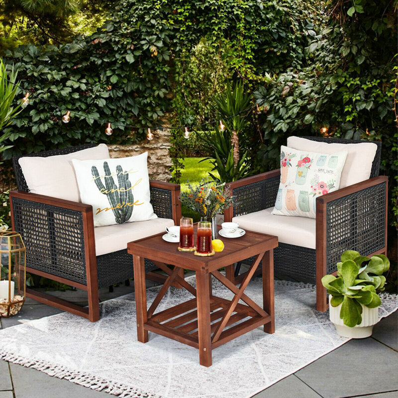 Ensemble de canapé de patio 3 pièces Oxford avec cadre et coussin en bois, Beige
