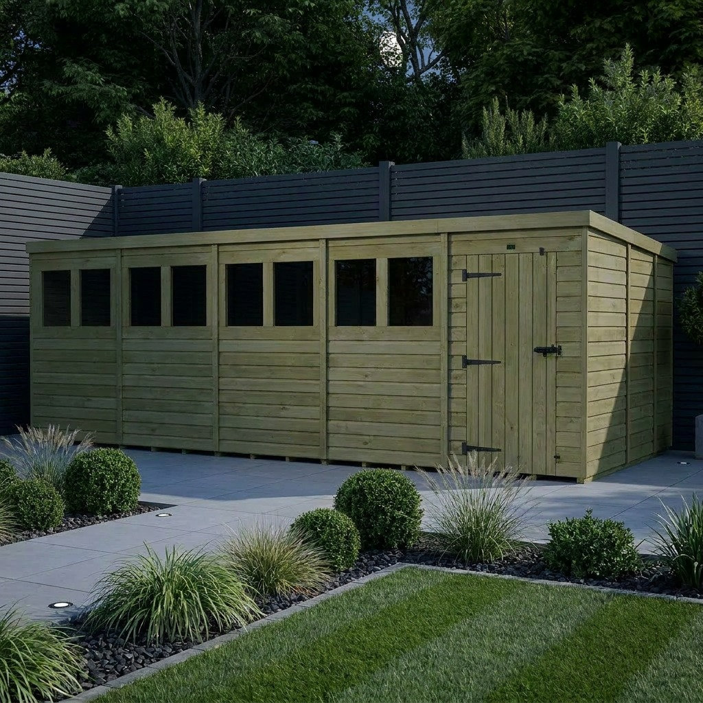 Total Sheds 20ft x 9ft Pent Garden Shed - Single Door - With Windows - Pressure Treated Timber - UK Manufactured