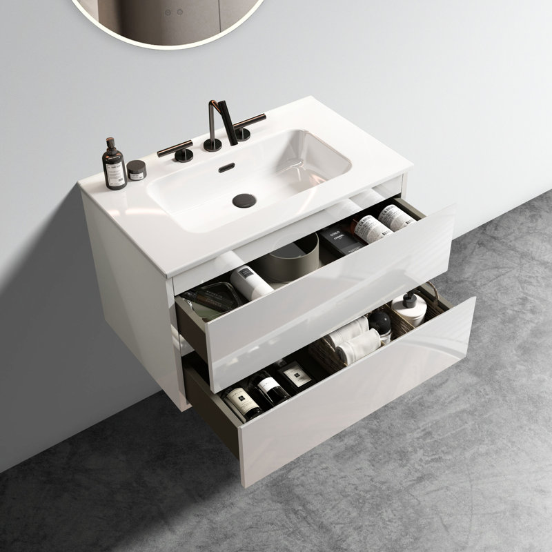Meuble-lavabo moderne 24 po - Finition blanc brillant et tiroirs silencieux en céramique spacieuse brillante, Blanc lustré