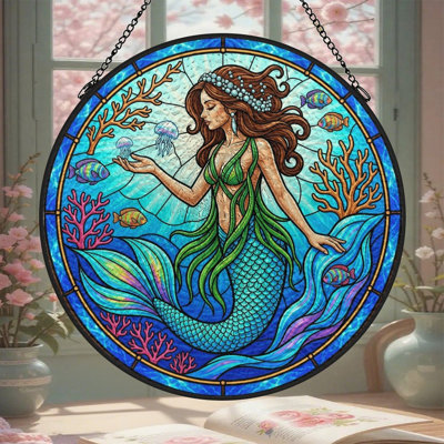 Panneau de vitrail rond en verre coloré Ocean Mermaid pour décor de fenêtre