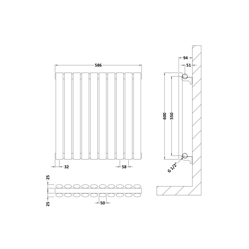Revive Vertical Designer Radiator, White, 60cm H x 58.6cm W x 7.8cm D