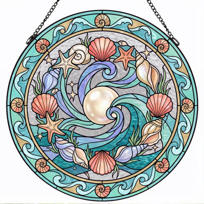 Ocean Theme Stained Glass Window Panel，12"H