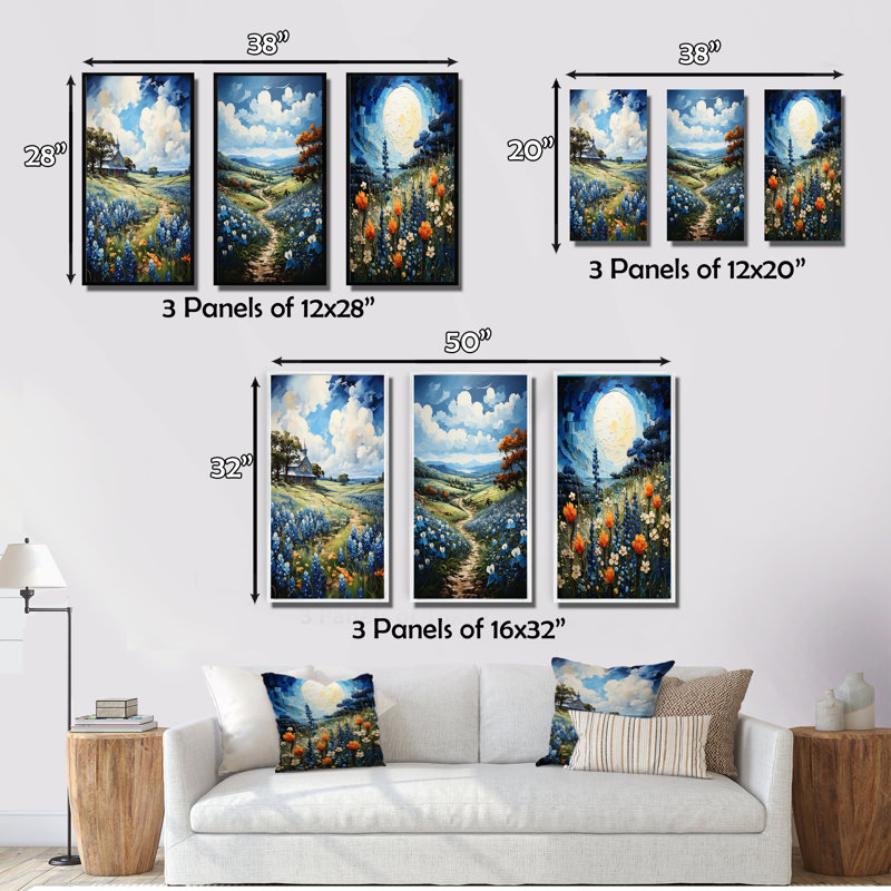 «Blue Bonnets Texan Blues», 3 pièces, Toile tendue, H 20 po x l 36 po