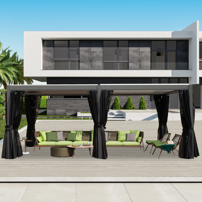 20 ft. x 12 ft. Aluminum Pergola with Adjustable Roof, Curtains & Netting, Gray