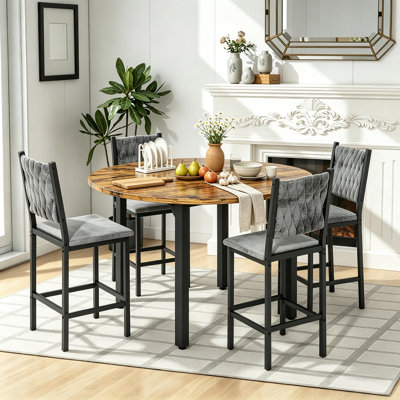 Ensemble de table de salle à manger 5 pièces, table de salle à manger ronde avec 4 chaises de cuisine rembourrées en velours pour petits espaces, cuisine, salon, structure en métal et plateau en panneau de fibres à densité moyenne, style contemporain moderne