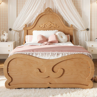 Lit simple standard bas en bois massif avec tête de lit sculptée de style vintage