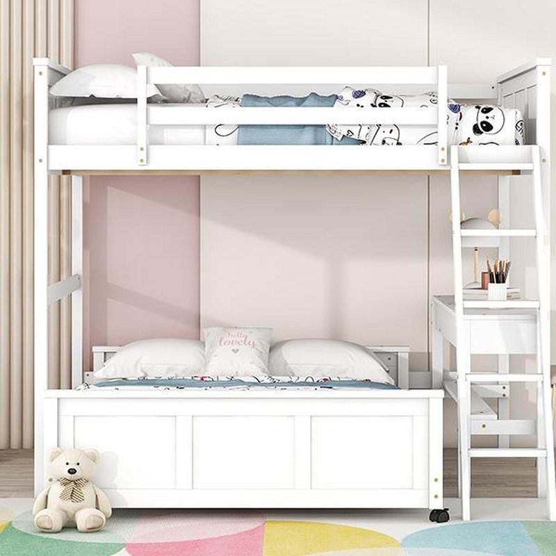 Lit double superposé au dessus d'un lit double avec bureau, Blanc