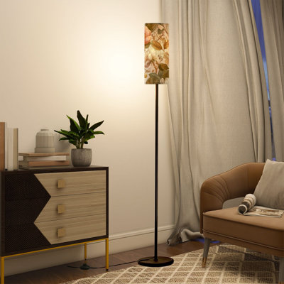  68.5" Standing Floor Lamp Luxury Botanical Conservatory Floral Motif Gold Accents Dimmable Metal Pole Lamp with Linen Lampshade LED Bulb Included