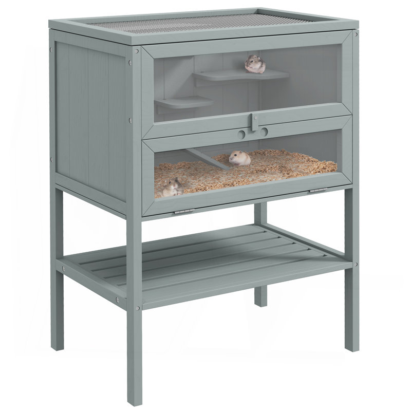 Cage à 3 niveaux en bois avec hamster, Gris