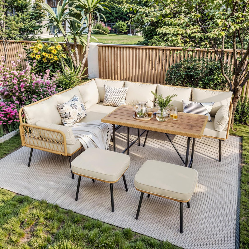 Ensemble de conversation de patio en osier 6 pièces avec table, ensemble de canapé modulaire d'extérieur en forme de L avec coussins, ensemble de conversation en rotin toutes saisons Boho pour terrasse, porche, balcon, terrasse