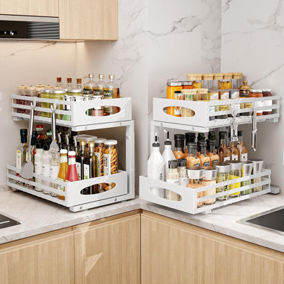 Under Sink Organizer 2-Tier – White Adjustable Height Slide-Out Metal Cabinet Storage, Pull-Out Drawer Shelf For Kitchen & Bathroom, 2-Pack