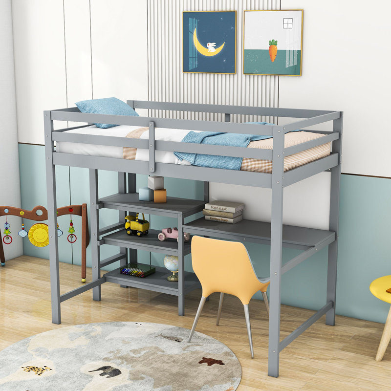 Kids Twin Size Wood Loft Bed with Shelves, Desk and Writing Board, Gray