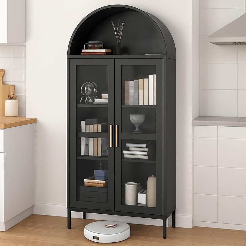 Armoire 73 po en métal avec portes en verre avec tablettes réglables, Noir