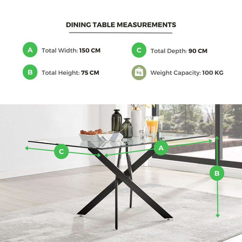 Lenworth Luxury Rectangular Dining Table in Glass and Chrome Metal - Modern Statement Design, 75H x 150W x 90D, Gold