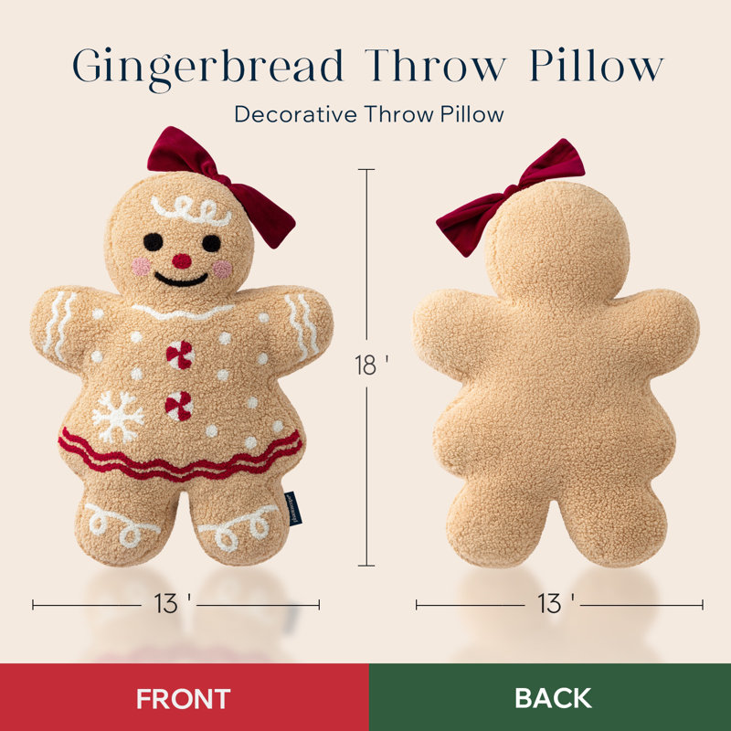 Teddy Sherpa Xmas Gingerbread Girl Throw Pillow, Merry Christmas Decorative Pillow, Lady Gingerbread - Beige