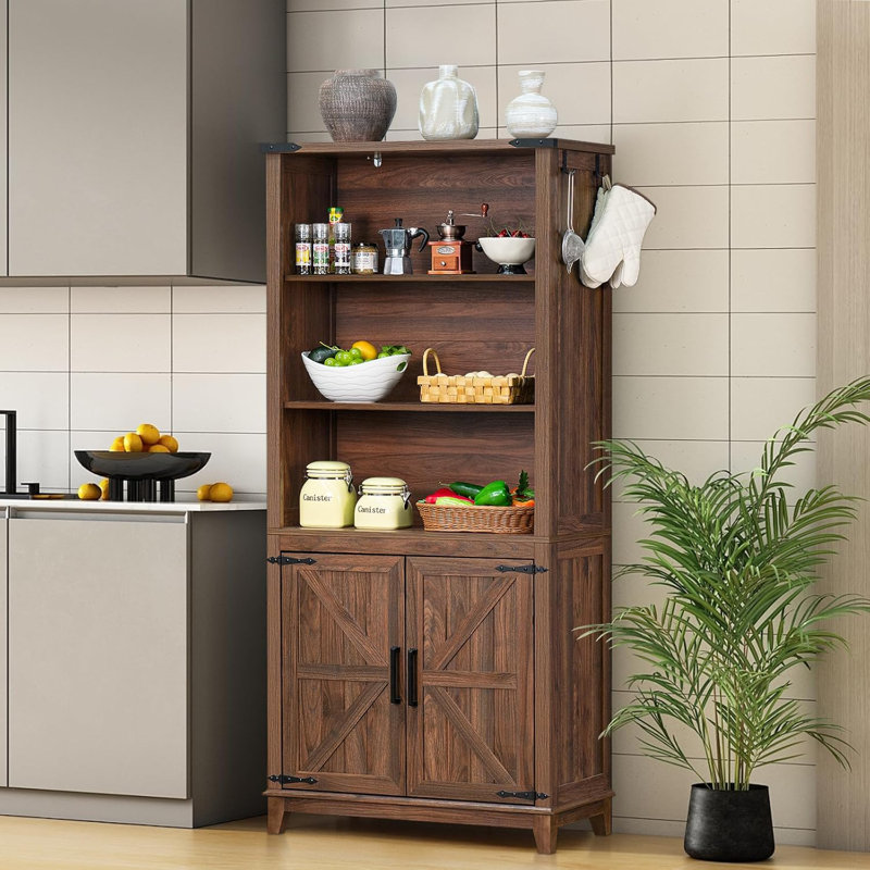 70in Tall Bookshelf 5 Tier Bookcase with Barn Doors and Adjustable Shelves, Farmhouse Book Shelf, Brown