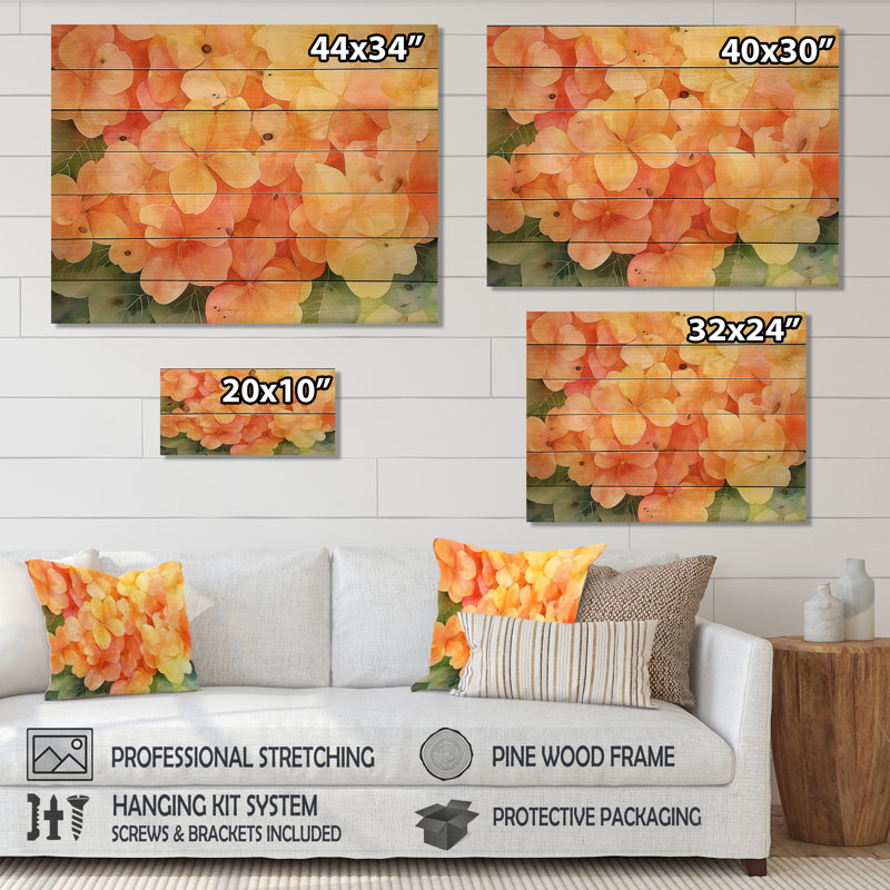 Éternelle sérénade d'hortensia II - Art mural traditionnel en bois sur bois de pin naturel, H 34 po x l 44 po x P 0,78 po