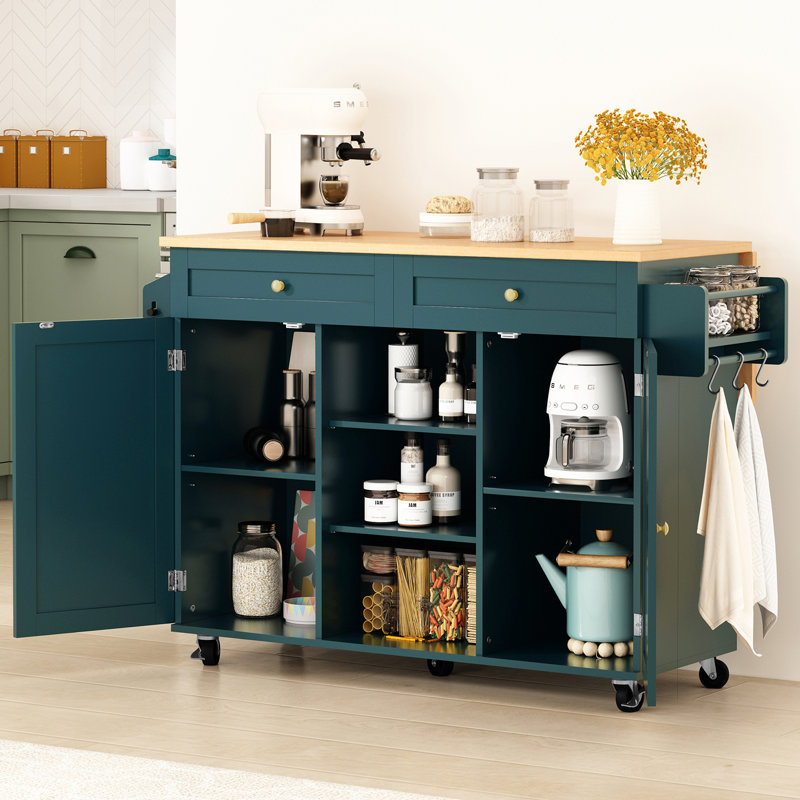 Jaye 51.7" Kitchen Island on Wheels with Storage Cabinet with Drop Leaf Countertop, Green