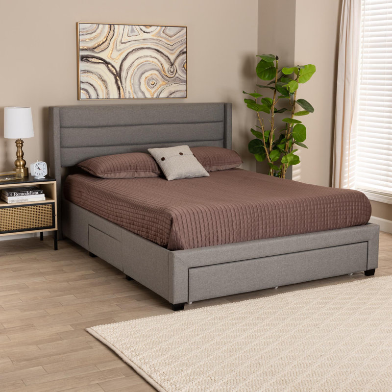 Upholstered Wingback Storage Bed, Light Gray, Queen