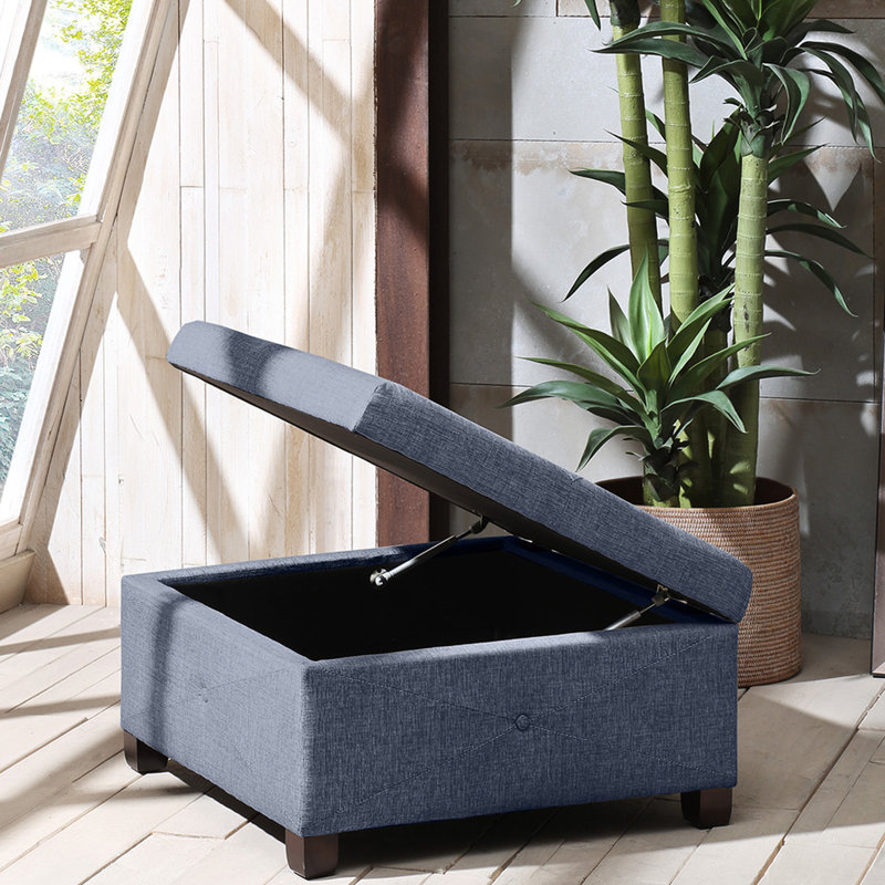 Versatile Storage In Blue - Solid Wood Legs, Button Tufting Square For Feature And Plywood, Dark Coffee, Blue