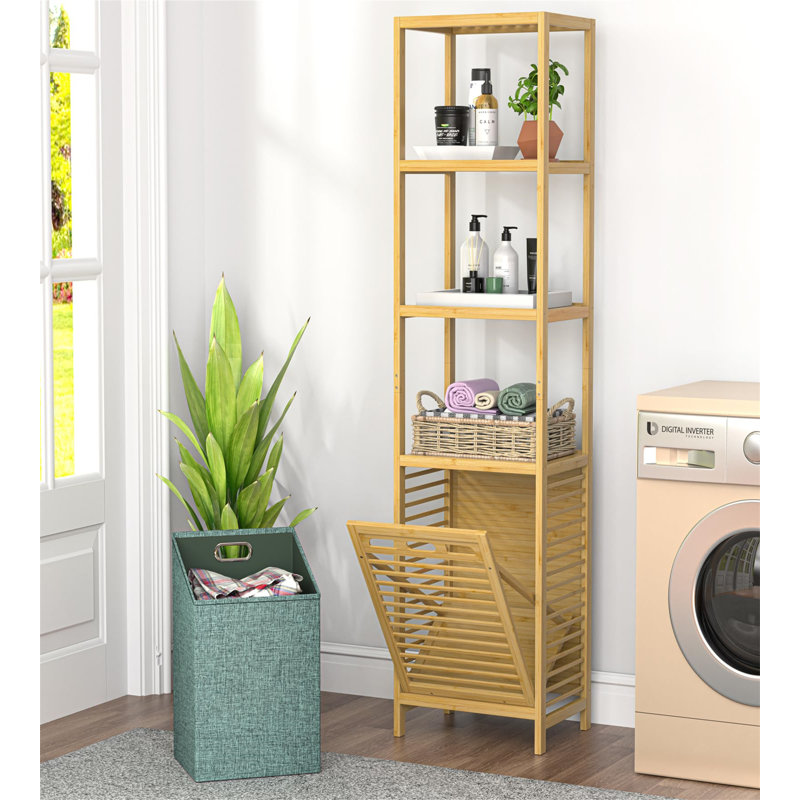 Natural Bamboo 4-Tier Tilt-Out Laundry Hamper with Shelf