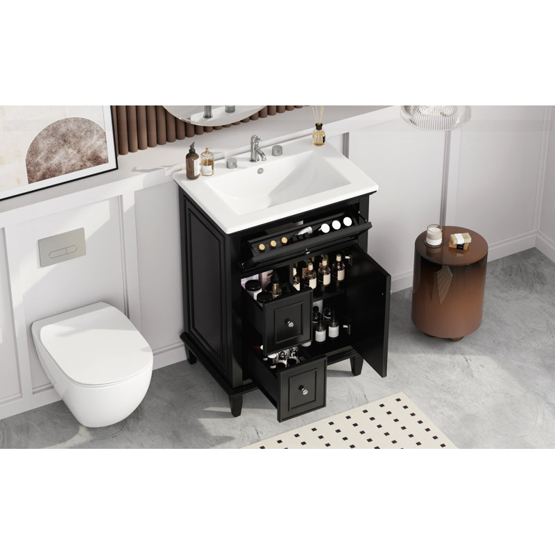 Armoire de salle de bain avec un tiroir rabattable et deux tiroirs, Noir